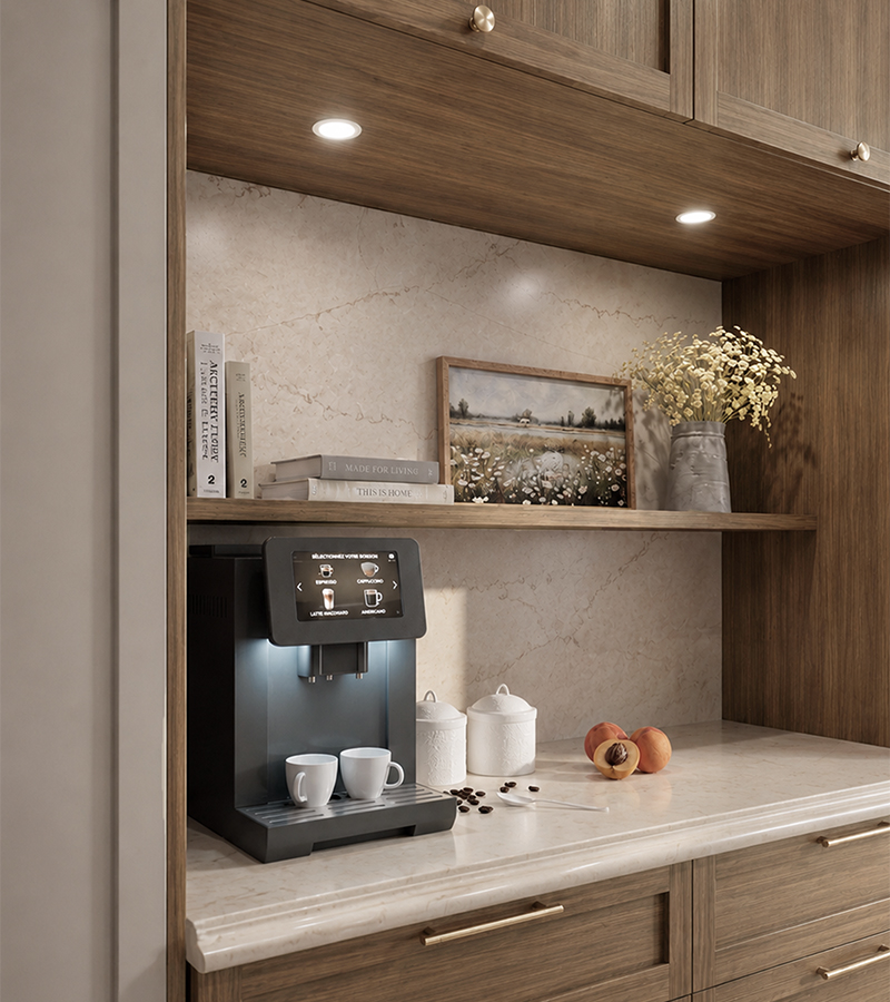 Réalisations en design d’intérieur à Mirabel : coin café intégré dans une cuisine avec armoires en bois, comptoir en pierre naturelle et éclairage encastré, signé Atelier Ancrage.